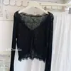 Cárdigan de punto con volantes en V, protector solar de encaje y seda helada para mujer, prenda exterior fina de verano, chal, top corto, chaqueta