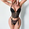 Moda Cruzada Europeia e Americana Garota Picante Transparente Renda de Malha Cadarço Bodycon Sexy Personalidade Decote U Conjunto de Lingerie com Tanga