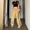 Pantalones de Pierna Ancha Distintivos Retro Estilo Americano para Calle Harajuku Bolsillo Rayado Amarillo Casual Pantalones Peto Suelto de Cintura Alta para Mujer