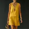 2026 Verão Europeu e Americano Novo Estilo Casual Sem Mangas Linho Algodão Top Colete Shorts Conjunto de Duas Peças Cor Sólida Feminino
