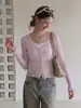 Cardigan de tricô de seda gelada com gola V franzida estilo francês para proteção solar, xale de verão para mulheres, adequado para ser usado com saia, casaco fino curto