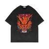 Tamanho Europeu Transfronteiriço Camiseta Masculina de Manga Curta Lavada Vintage Desenho Animado Anime Estilo Dark High Street Europeu e Americano Camiseta Curta Masculina