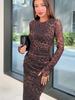 Amazon Transfronterizo Europeo y Americano 2026 Primavera Nuevo Estilo Elegante Vestido de Longitud Media con Cuello Redondo Estampado de Leopardo y Cintura Ajustada para Mujer