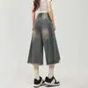 Jeans de pierna recta con diseño de borde crudo rasgado estilo americano para mujer, nuevos pantalones cropped anchos de pierna ancha estilo vintage veraniego desgastado