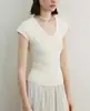 Camiseta de manga corta de tacto frío y fibra fina con cuello UV, camiseta de punto de corte ajustado, adelgazante, fina, fresca, para mujer