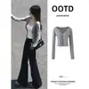Cárdigan gris fino para mujer, una capa exterior ligera para protección solar, combinado con un conjunto de dos piezas de camisola, abrigo corto de principios de otoño