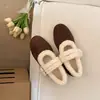 Sapatos de inverno de pelúcia sem cadarço com sola reta 2026 sapatos de algodão com sola tamanho grande sapatos femininos com fleece adicionado sapatos de feijão estilo novo feminino usar grosso