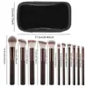 Novo conjunto de pincéis de maquiagem 11 peças cor café transfronteiriço com cerdas macias tricolores, incluindo pincel para base, pincel para sombra, pincel para sobrancelha, pincel para contorno e pincel para pó solto