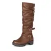 Botas Altas de Invierno 2026 Estilo Británico Vintage para Mujer Punta Redonda Correa con Hebilla Tallas Grandes 40-45 Botas de Cuero Botas Largas por Encima de la Rodilla