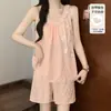 Pijama de Algodão Nuvem para Mulheres, Estilo Verão com Bojos no Peito, Estilo Princesa Coreana, Conjunto de Shorts de Alça sem Mangas, Roupa de Casa Fina