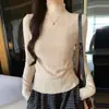 2308X Gola Alta Meia Manga Listrada com Babados Camiseta Feminina Outono Inverno Camada Interna Novo Tricô Base Top Suéter