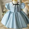 Vestido Azul de Aniversário de Um Ano para Bebê Menina, Vestido de Princesa Doce de Verão de Alta Qualidade para Apresentação de Piano Infantil, Saia Bufante