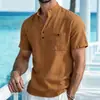 Camisa POLO de alta qualidade, estilo europeu e americano, com gola alta, camisa de algodão e linho de manga curta, top casual masculino, roupa masculina leve e de corte solto
