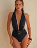 2027 Nuevo Traje de Baño Enterizo Transfronterizo para Mujer, Estilo Europeo y Americano, Bikini Sexy de Color Sólido con Escote en V Profundo para Playa, Traje de Baño para Mujer de Comercio Exterior
