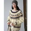 Nova coleção outono/inverno do Louvre: Suéter retrô redondo estilo japonês com pompons 3D e padrão de tricô Fair Isle, top feminino