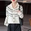 Cardigã Tricotado 100% Lã Feminino 2026 Outono/Inverno Estilo Coreano Listrado Color Block Gola Lapela Suéter Casaco Solto Estilo Casual