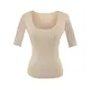 Camiseta de Color Sólido con Bolsillo Adornado, Cuello en U, Manga Media, Estilo Puro Deseo, Nueva Versátil de Verano, Ajustada, Favorecedora, Top Básico Hot Girl para Mujer