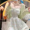 Traje de vestido floral suave de longitud media para mujer, nuevo cárdigan fino de verano con protección solar, dulce falda de tirantes