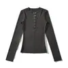 Atacado de Roupas Femininas Transfronteiriças Estilo Europeu e Americano Camiseta Manga Longa Gola Henry 2025 Outono e Inverno Novo Cor Lisa Slim Fit Top Versátil