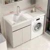 Gabinete de lavandería para balcón de aluminio tipo panal con lavadora integrada, incluyendo una tabla de lavar y un fregadero de piedra de cuarzo artificial con una barrera de agua