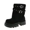 Botas retro de estilo coreano para mujer, puntera redonda, color liso, hasta la pantorrilla, nueva colección otoño 2026, tacón grueso, diseño versátil sin cordones, suela de plataforma, botas de montar