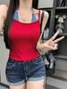 Estilo Retrô Duas Peças Camisola de Gola Halter Patchwork Xadrez Vinho para Mulheres, Roupa de Verão, Estilo Doce e Picante, Top de Corte Justo