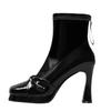 Botas elásticas francesas para mulheres 2024 novas europeias e americanas bico quadrado salto alto couro envernizado botas finas plataforma de fundo grosso à prova d'água botas curtas para mulheres