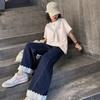 Traje para Niñas 2025 Verano Nuevo Estilo Infantil Estilo Preppy Manga Corta Mediano y Grande Encaje Jeans Conjunto de Dos Piezas