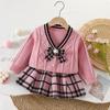 Conjunto de Suéter para Niños Otoño e Invierno Nuevo Suéter de Punto con Cuello en V y Lazo Falda de Cuadros Estilo Coreano Estilo Universitario Falda Suéter