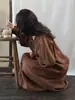 Vestido de Lujo con Forma de Capullo y Mangas Largas, Algodón Puro, Cuello de Algodón Puro de Nicho para Primavera y Otoño, Falda con Pliegues y Diseño Holgado