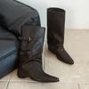 2025 Nueva Moda Versátil Bota de Tacón Medio con Punta y Hebilla de Cinturón Botas Vaqueras Estilo Oeste Botas de Media Caña Botas Martin Tendencia
