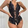 2026 Body Sexy de Lencería con Abertura en la Entrepierna Estilo Europeo y Americano con Cuello Halter, Atado Cruzado, Espalda Descubierta Sexy, Encaje, Body para Mujer