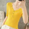 Primavera e Verão 2025 Novo Suéter Tricotado de Gelo com Decote em V e Bolso de Manga Curta Feminino Cor Sólida Slim-fit Top Justo