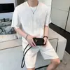 Conjunto Casual de Seda de Gelo Masculino Verão Tendência Celebridade da Internet Cor Sólida Camiseta Manga Curta Shorts Conjunto de Duas Peças Bonito