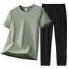 Traje Deportivo Casual de Seda de Hielo para Hombre Verano Conjunto de Dos Piezas para Hombre Pantalones Largos Camiseta de Manga Corta Traje Deportivo para Hombre