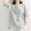 T-shirt de manga curta de cor sólida Verão 2024 Nova camisa pequena solta artística elegante camisa retrô de algodão linho V-neck camisa na moda