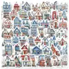 50 Piezas Pegatinas de Paisaje de Pueblo Pequeño Paisaje Exterior Dibujos Animados Cabañas Casas Artístico Fresco DIY Impermeables Pegatinas Decorativas