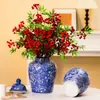 Nuevo Jarrón de Cerámica de Porcelana Azul y Blanca Estilo Chino con Tapa, Tarro de Almacenamiento, Recipiente para Arreglos Florales de Sala de Estar, Adorno de Decoración para el Hogar, Porcelana