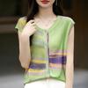 Camiseta de Manga Corta con Cuello en V de Lyocell Tencel Chaleco Cardigan Rayas a Juego con Gradiente Chaleco Cruzado