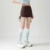 Shorts esportivos de três quartos com design de cordão plissado para mulheres Alta elasticidade Respirável Cintura alta Controle de barriga Uso diário Shorts de segurança