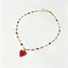 Collar Delgado de Color Macarrón Estilo Girly con Cuentas de Cristal para Mujer, Cadena para Clavícula con Colgante de Corazón Rojo y Piedra Redonda de Moda de Lujo Ligero