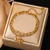 Pulseira Cruzada Europeia e Americana de Aço Inoxidável em Formato de Coração, Pingente Cruz de Aço Titânio para Mulheres, Joia Empilhável Multicamadas Banhada a Ouro 18K
