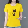 E-commerce Transfronteiriço~Camiseta de Manga Curta com Desenho de Gato de Alta Qualidade Feminina Verão Solta Afina Cintura Cobre Barriga Top Roupa de Mãe