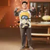 Pijama Infantil Masculino Primavera e Outono Conjunto de Algodão Puro Manga Longa para Crianças Fortinhas, Conjunto de Roupa Íntima Térmica Masculina