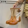 Botas Vintage de Couro Genuíno Meio da Panturrilha Femininas 2026 Outono/Inverno Novo Estilo Salto Grosso Fivela Botas Western Cowboy Botas de Montaria Botas de Moda