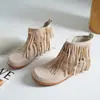 Botas de algodón con flecos transfronterizas europeas y americanas, botas Martin de gamuza de suela plana para otoño e invierno, corte bajo, punta redonda, venta al por mayor en tallas grandes