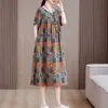 Camisola de Algodão e Seda para Mãe, Tamanho Grande, Caimento Solto, Vestido de Viscose para Meia-Idade e Idosos, Manga Curta com Bolsos, Roupa de Casa