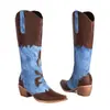 Tallas 34-43 Botas Vaqueras sin Cordones de Tacón Cuadrado Otoño e Invierno Punta Puntiaguda Tacón Alto Caña Alta Botas para Mujer Transfronterizas Talla Grande Casual Bloques de Color