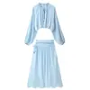 Atacado de Roupas Femininas Transfronteiriças 2026 Moda Europeia e Americana Casual Solta Renda Amarração Gola Alta Camisa + Conjunto de Saia