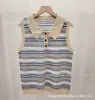 Colete Tricotado Sem Manga com Gola Listrada Color-Block e Recortes para Mulheres, Camisa Polo Estilo Old Money de Verão, Top Curto Justo